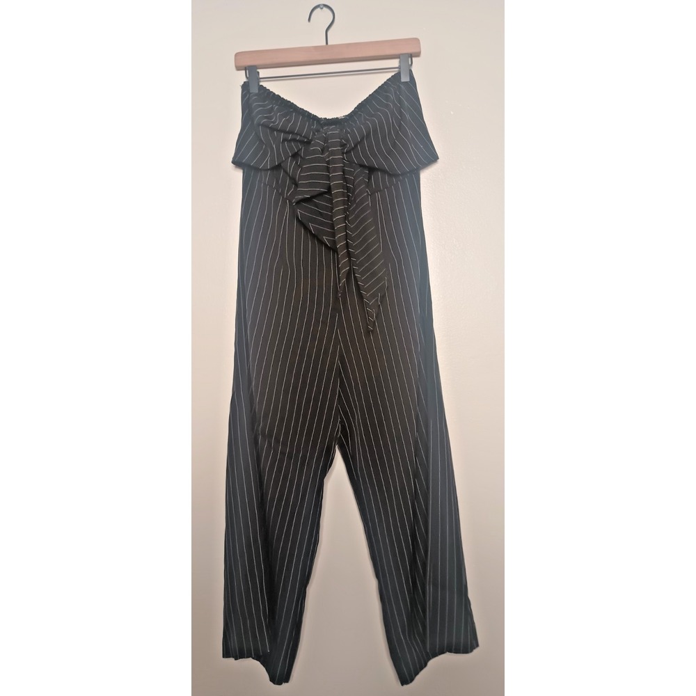 Active USA Black Pin Stripe Bandeau Bow Tube Top Jumpsuit Sz L Wide Leg Mob Wife